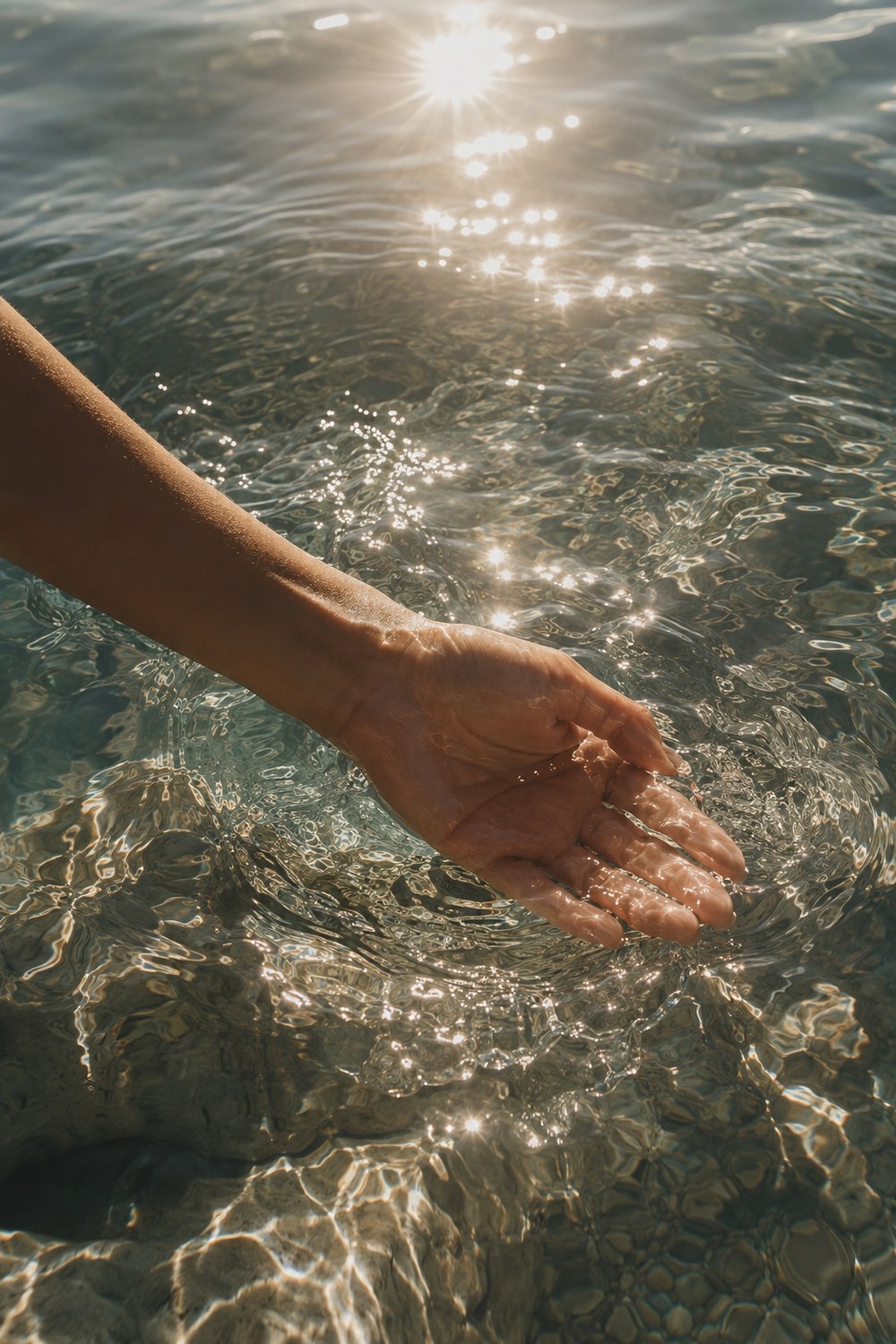 Mano tocando agua iluminada por el sol