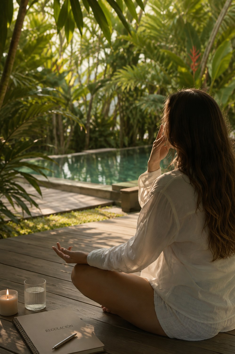 Mujer meditando en un entorno tropical junto a una piscina