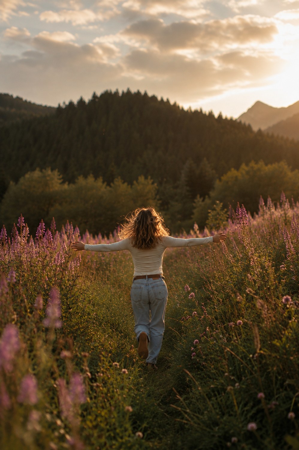 Mujer avanzando entre flores al atardecer