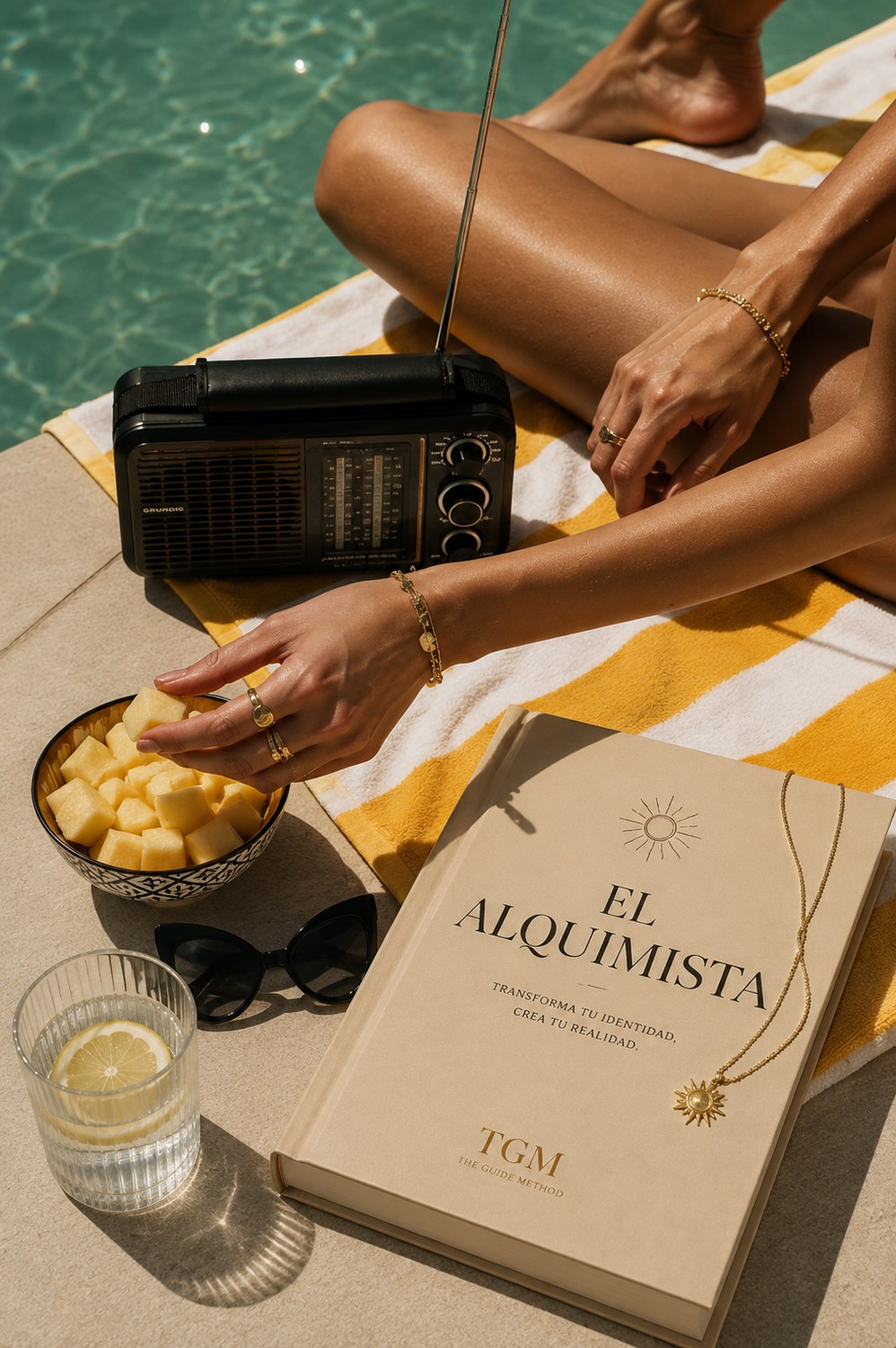 Escena de piscina con libro El Alquimista y objetos de estilo editorial